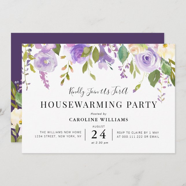 convite de festas floral púrpura de limpeza domést (Frente/Verso)