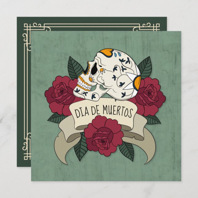 Convite de festas Floral Skull do los Muertos (Frente/Verso)