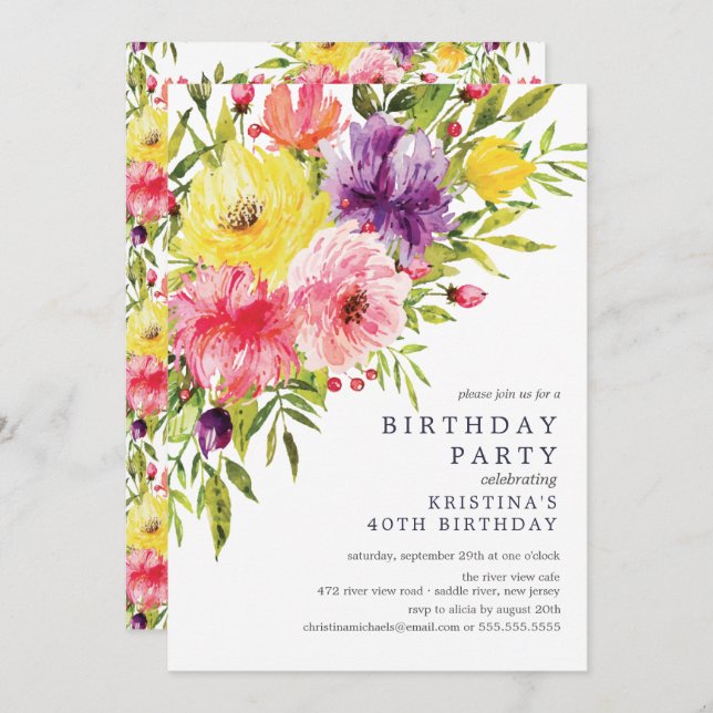 Convite de festas FloralBirthday Primavera de de A (Frente/Verso)