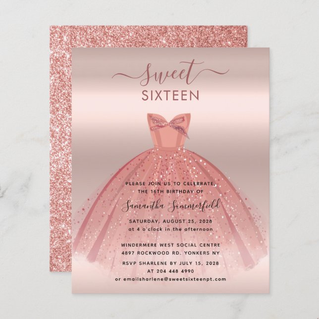 Convite de festas Glitter Rosa Dourado Script Swee (Frente/Verso)