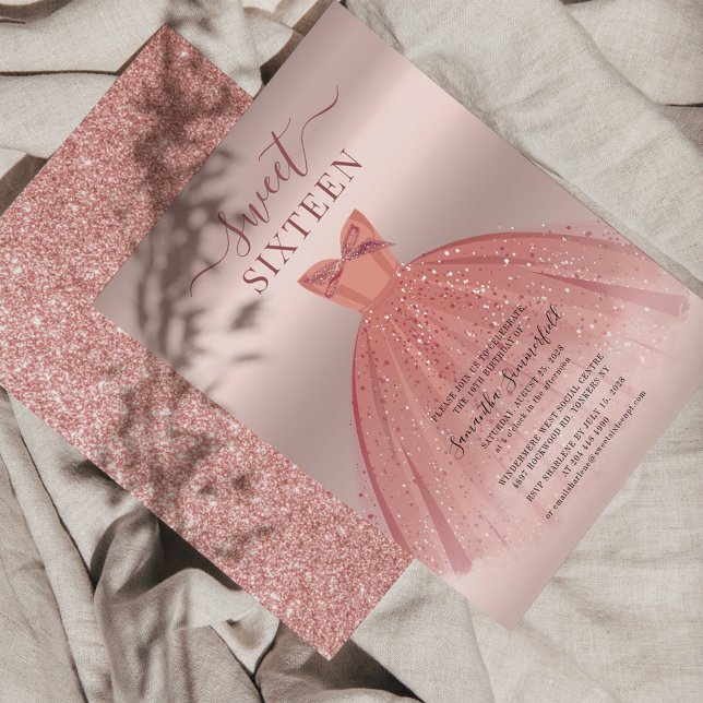Convite de festas Glitter Rosa Dourado Sweet 16 Bd (Criador carregado)