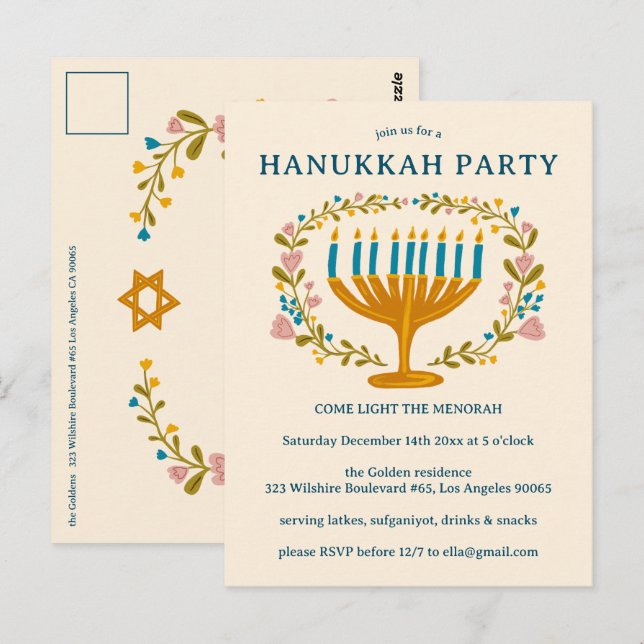 Convite de festas HANUKKAH, PALCO floral (Frente/Verso)