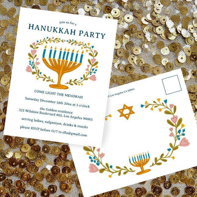 Convite de festas HANUKKAH, PALCO floral (HANUKKAH PARTY Invitation floral wreath CUSTOM Postcard
)