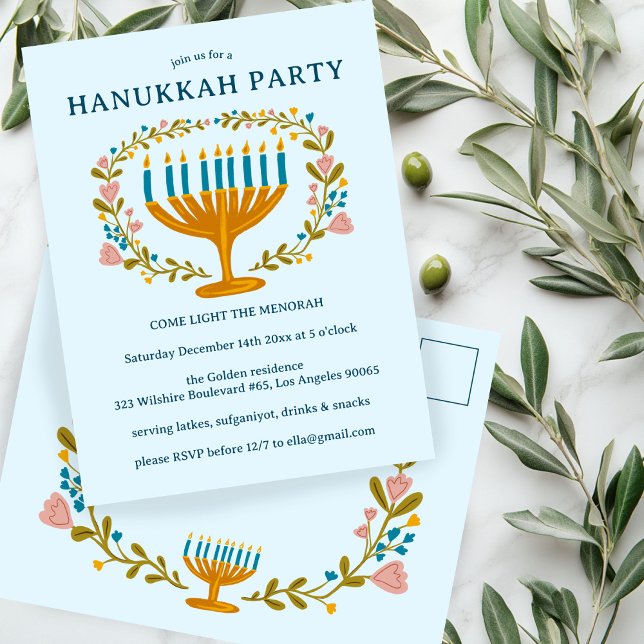 Convite de festas HANUKKAH, PALCO floral (HANUKKAH PARTY Invitation floral wreath CUSTOM Postcard
)