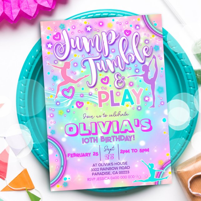 Convite de festas Jump Tumble Play Neon (Gymnastics Party Invitation)