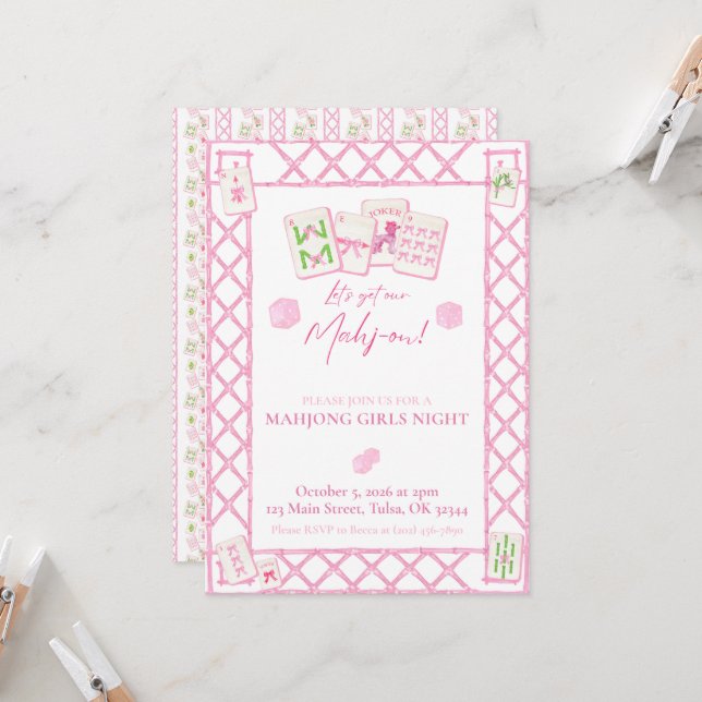 Convite de festas Mahjong, Coquete Noite de Girls (Frente/Verso In Situ)