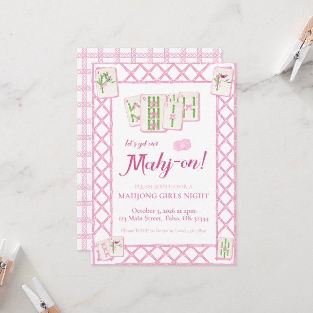 Convite de festas Mahjong, Coquete Verde Rosa (Frente/Verso In Situ)