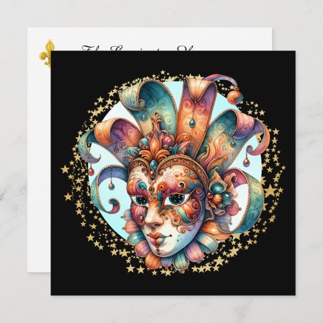 Convite de festas Mascarada de Mardi Gras (Frente/Verso)