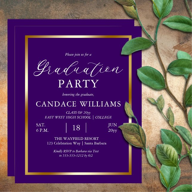 Convite de festas Mínimo de Quadro Dourado de Orça (BUDGET Gold Tone Frame Purple Minimalist Graduation Party Invitation)