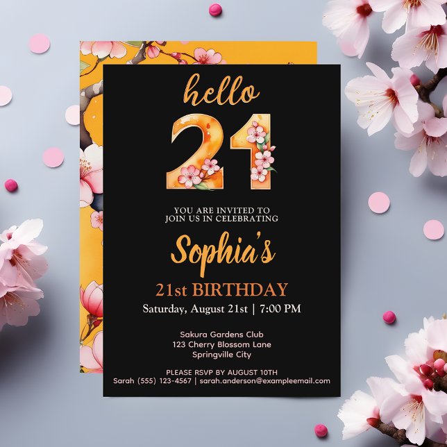 Convite de festas na moda Sakura aniversário de 21 (Hello 21 Chic Sakura Themed 21st Birthday Party Invitation - Elegance Meets Blossoming Beauty 🌸🎉)