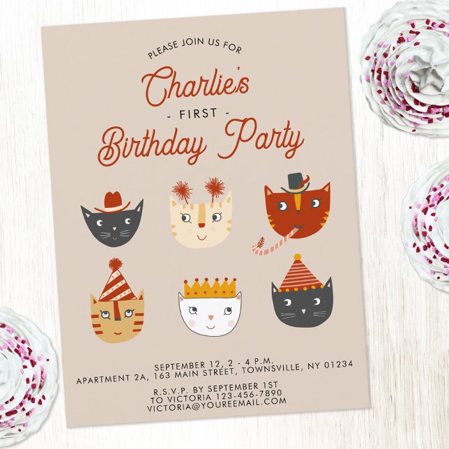 Convite de festas Personalizado de primeiro aniver (Fun kitty cat first birthday party invitation postcard for animal lovers)