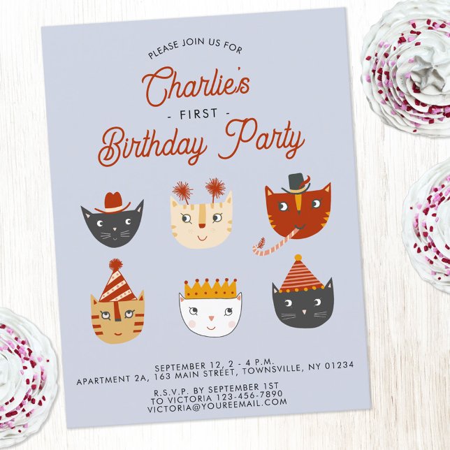 Convite de festas Personalizado de primeiro aniver (Fun kitty cat first birthday party invitation postcard for animal lovers)