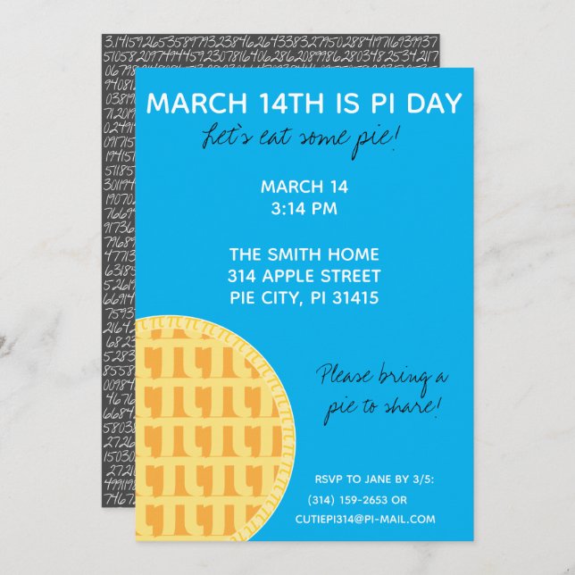 Convite de festas Pi Day com Dígitos Pi na Parte T (Frente/Verso)