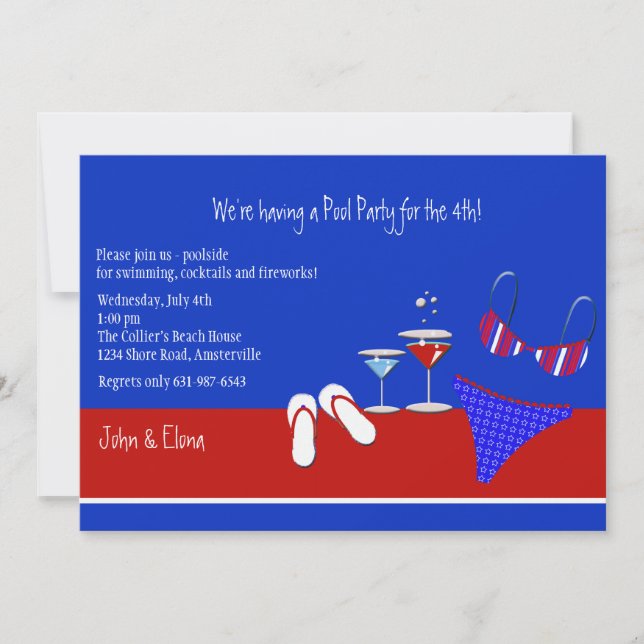 Convite de festas Piscina Vermelho, Branco e Azul (Frente)
