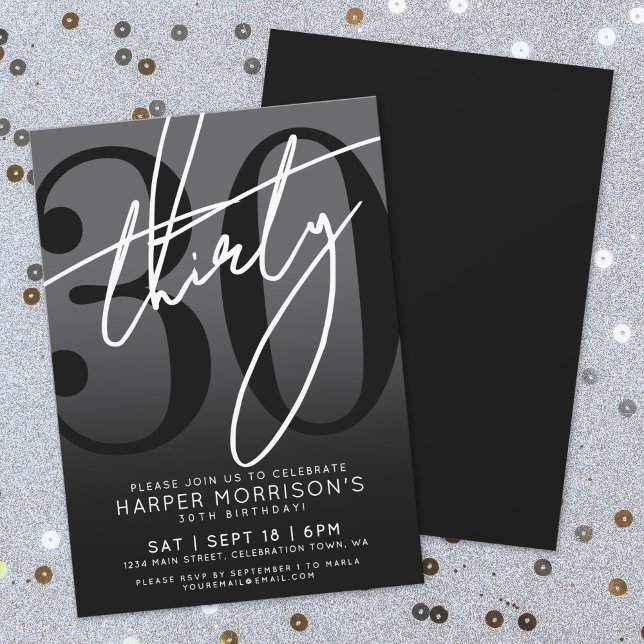 Convite de festas preto moderno (Modern Black 30th Birthday Party Invitation)