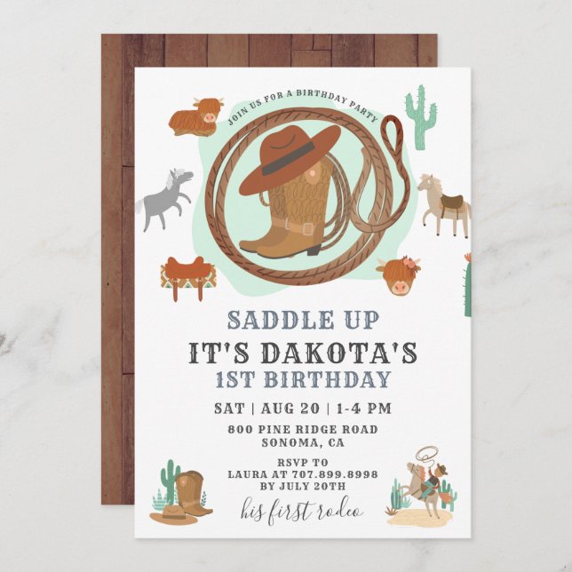 Convite de festas primeiro aniversario Cowboy (Frente/Verso)