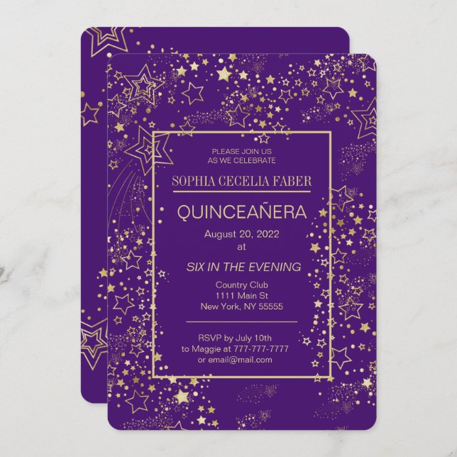 Convite de festas Real Roxo e Dourado Quinceañera (Frente/Verso)