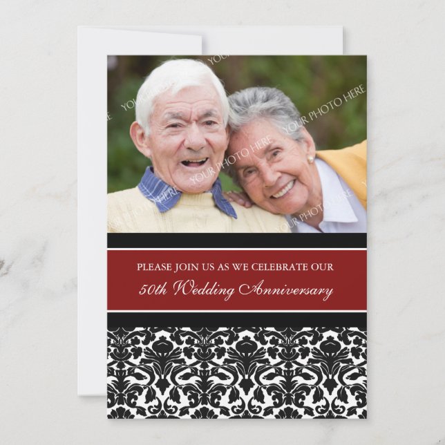 Convite de festas Red Black Photo 50th Anniversári (Frente)