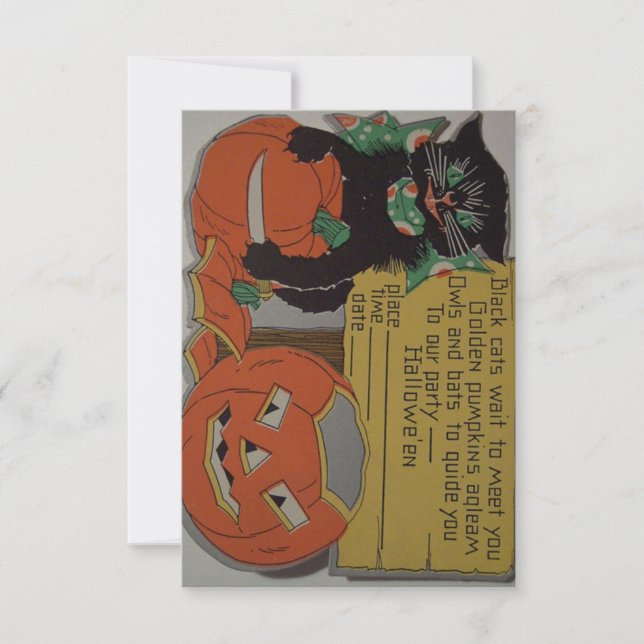 Convite de festas retro do Dia das Bruxas do gato (Frente)