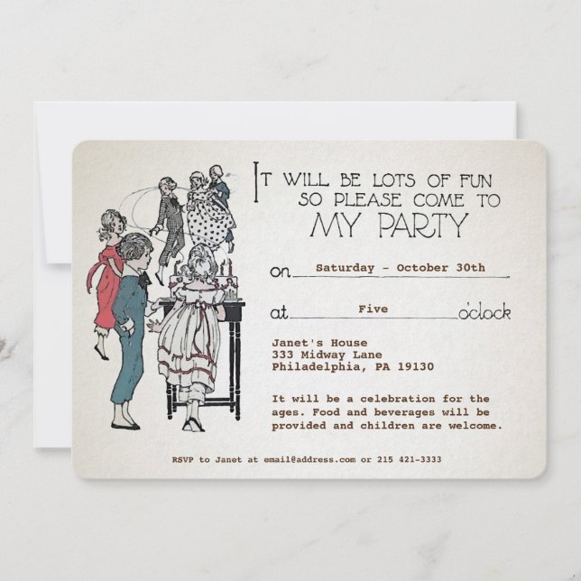 Convite de festas retrô infantil personalizável (Frente)