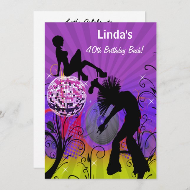 convite de festas retrô totalmente anos 80 roxo (Frente/Verso)