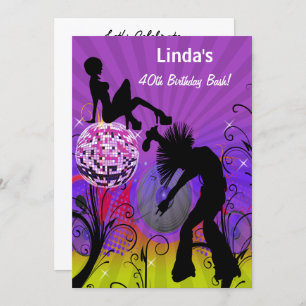 convite de festas retrô totalmente anos 80 roxo