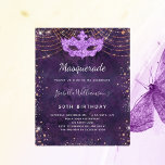 convite de festas rosa mascarada<br><div class="desc">Para uma Mascarada elegante,  50ª festa de aniversário (ou qualquer idade). Um padrão de fundo roxo. Decorado com faíscas de rosa e máscara de mascarada. Personalize e adicione um nome e detalhes da festa. O nome é escrito com um script de estilo manuscrito</div>