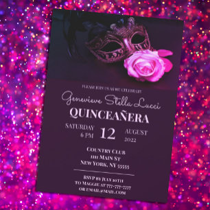 Convite de festas Rosa Mascarada Quinceañera