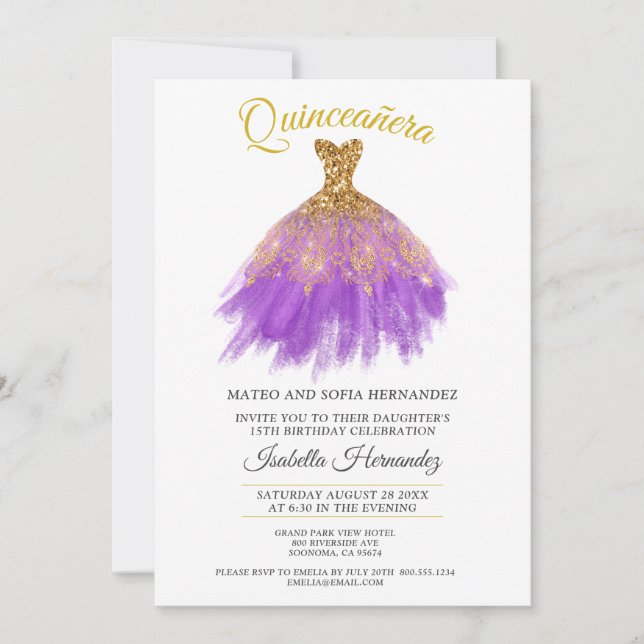Convite de festas Roxo Dourado da Quineanera (Frente)