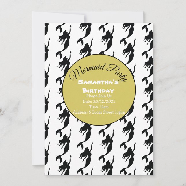 Convite de festas Sereia Dourado (Frente)