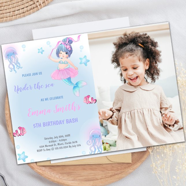 Convite de festas Sereia Personalizável para Crian (Green Cloud Mermaid Birthday Invitations w photo)