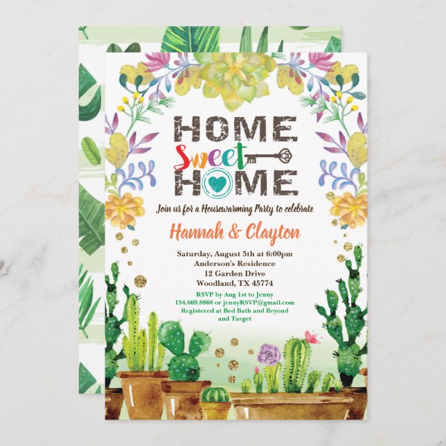 convite de festas Suculento de Inauguração de Casa (Frente/Verso)