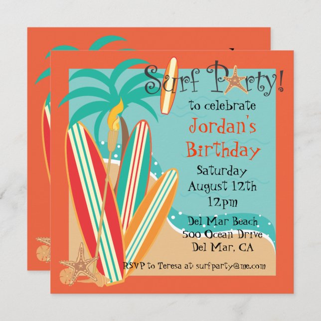 Convite de festas surf (Frente/Verso)
