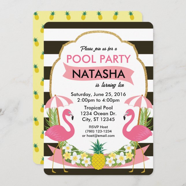 Convite de festas Tropical Flamingo Piscina (Frente/Verso)
