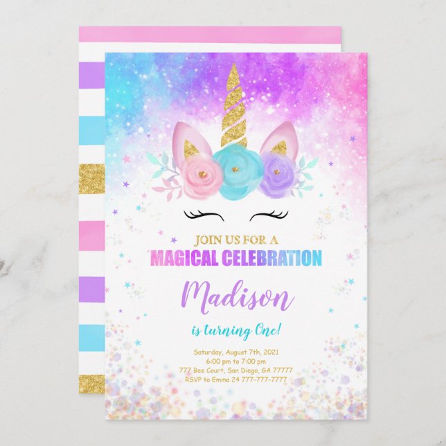 Convite de festas Unicorn primeiro aniversario (Frente/Verso)