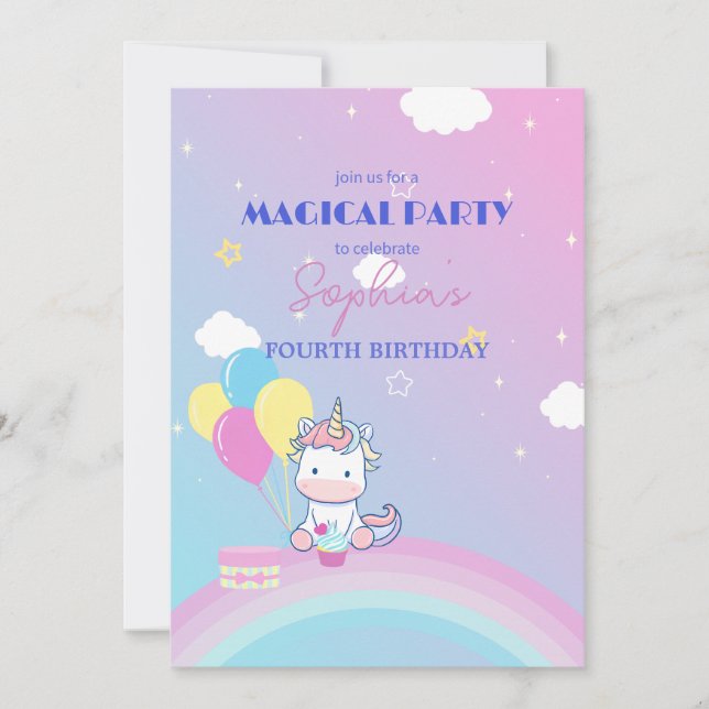 Convite de festas Unicorn Sparkle & Clouds (Frente)