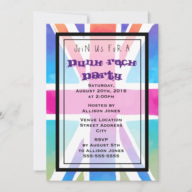 Convite de festas Union Jack Flag Punk Rock (Frente)