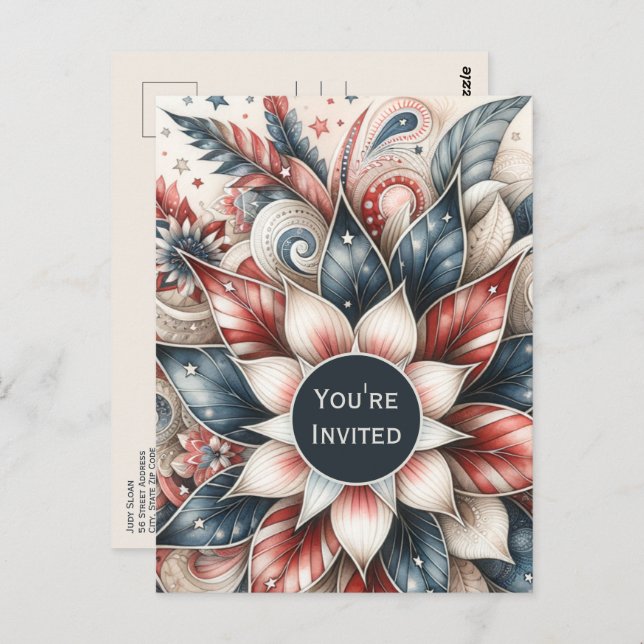 Convite de festas Vermelho Festivo Branco e Azul (Frente/Verso)