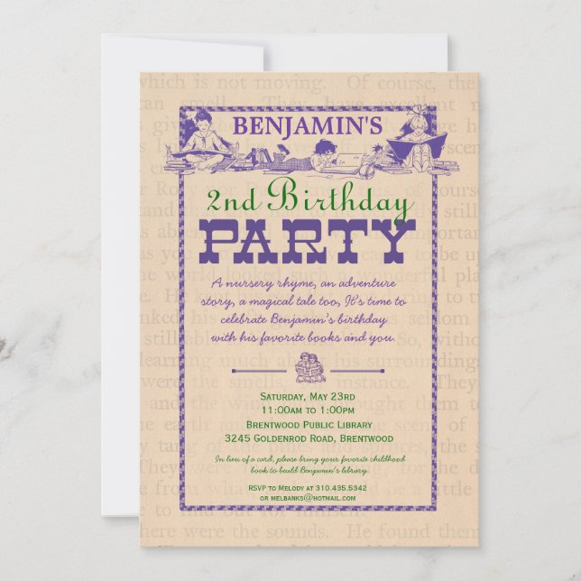 Convite de festas Vintage Book (Frente)