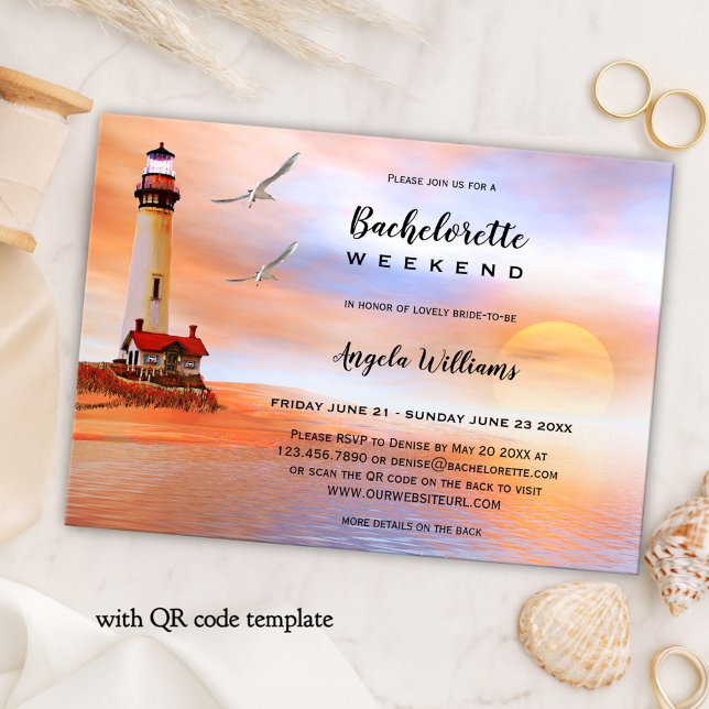 Convite de Fim de Semana do Farol de Praia (Bachelorette weekend itinerary template featuring an original painting of a lighthouse on the beach)