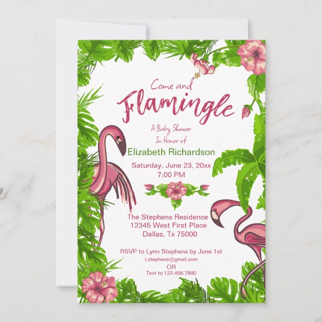 Convite de Flamingos e Flores Tropicais (Frente)