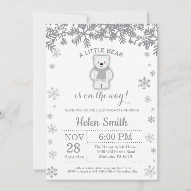 Convite de Floco de Neve para Chás de Bebê de Urso (Frente)