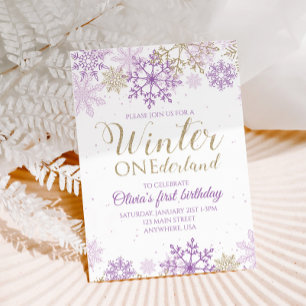 Convite de Floco de Neve Roxo e Dourado do Inverno