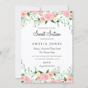 Convite de Flor de Aquarela Rosa Doce Dezesseis An