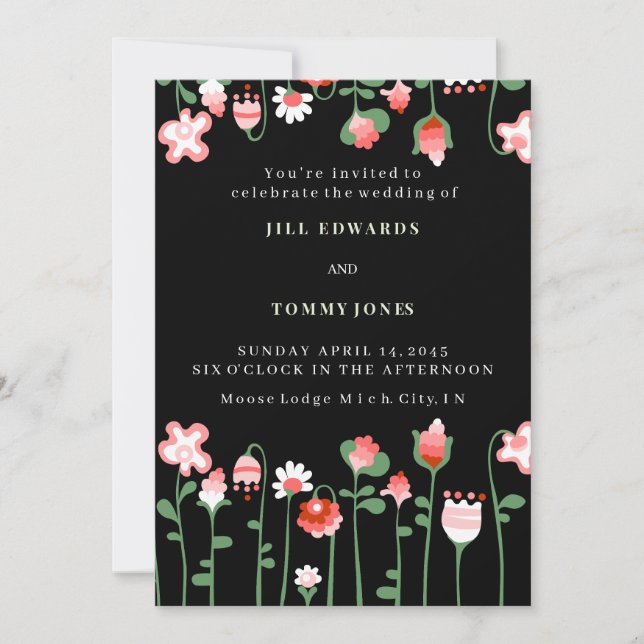 Convite de Flor de Casamento Floral Preto (Frente)