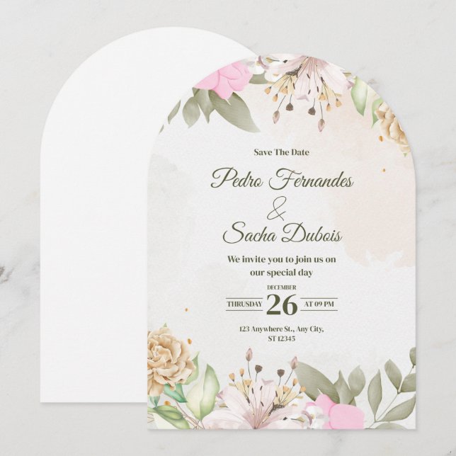 Convite de Floral Save The Date | Casamento Elegan (Frente/Verso)