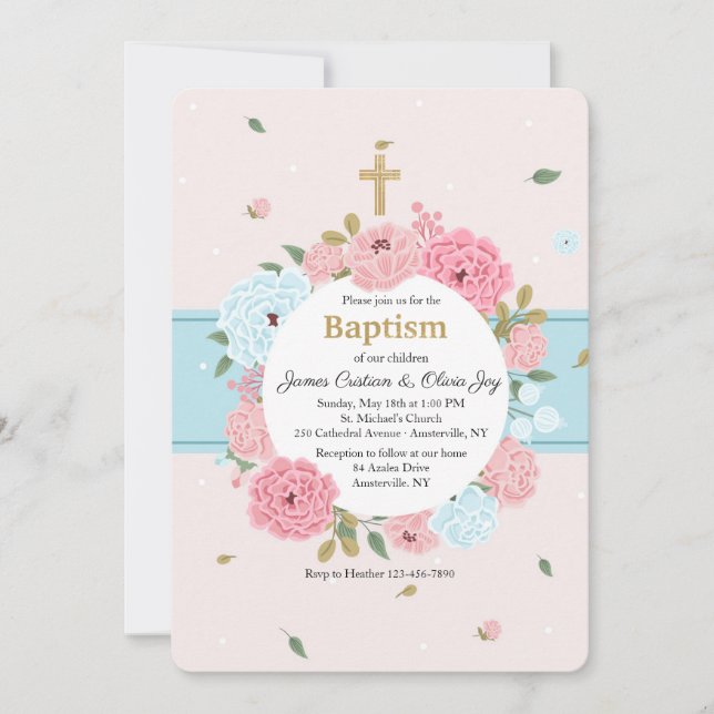 Convite de Flores Cor-de-Rosa e Azul (Frente)