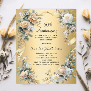 convite de flores douradas para aniversário de 50