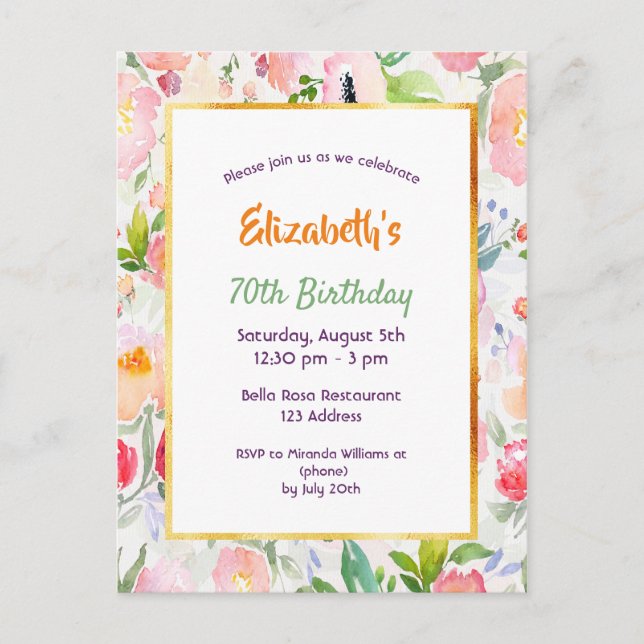 convite de flores em aquarela rosa para aniversári (Frente)