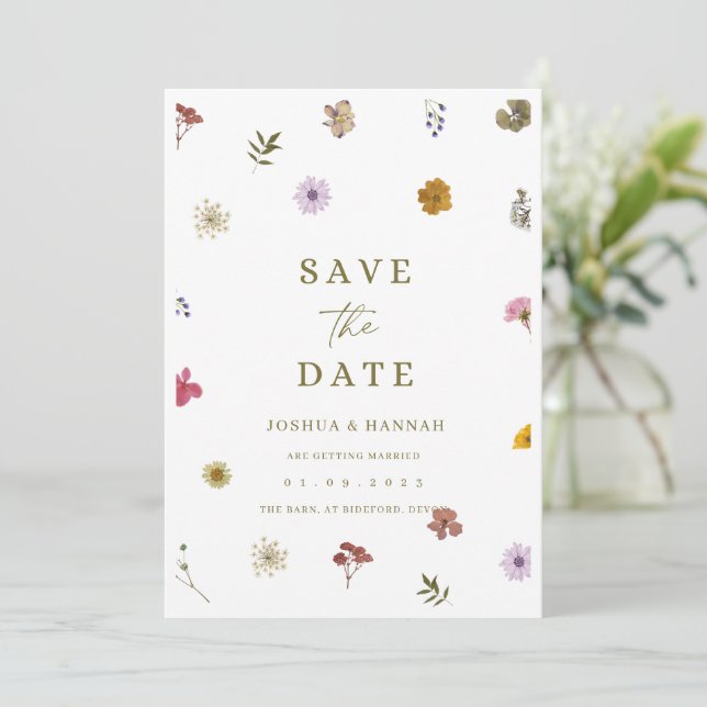 Convite de flores prensadas para save the date (Em pé/Frente)